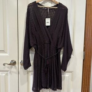 NWT Women’s Free People Snug Bug Wool Blend Faux Wrap Casual Plum Dress Medium